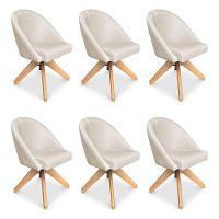 Kit 06 Poltronas Cadeira Giratória Bela Linho Bege Base De Madeira - Pallazio - 1