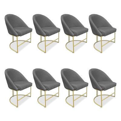 Kit 08 Cadeiras Poltrona De Jantar Bela Linho Grafite Base Metálica Industrial Dourado - Pallazio