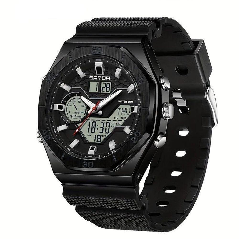 Relógio Esportivo Com Dupla Exibição, Cronômetro & Alarme, à Prova D'água 5atm Preto - 1