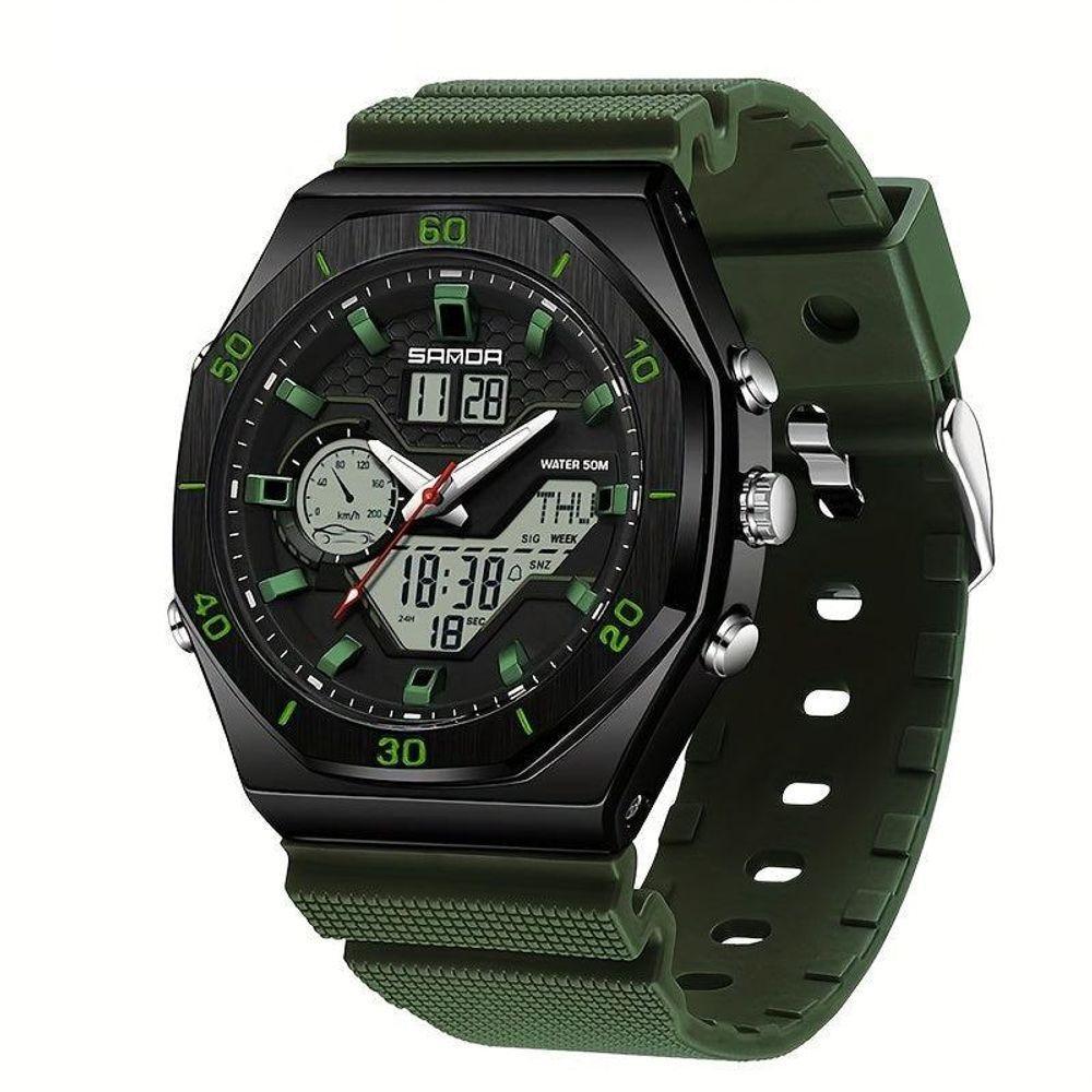 Relógio Esportivo Com Dupla Exibição, Cronômetro & Alarme, à Prova D'água 5atm Exército Verde - 1