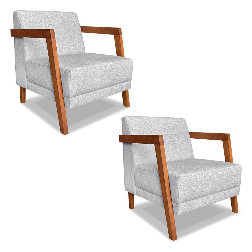 Kit 02 Poltronas Decorativa Natália Linho Cinza Base Em Madeira Castanho - Pallazio - 1