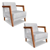 Kit 02 Poltronas Decorativa Natália Linho Cinza Base Em Madeira Castanho - Pallazio - 1