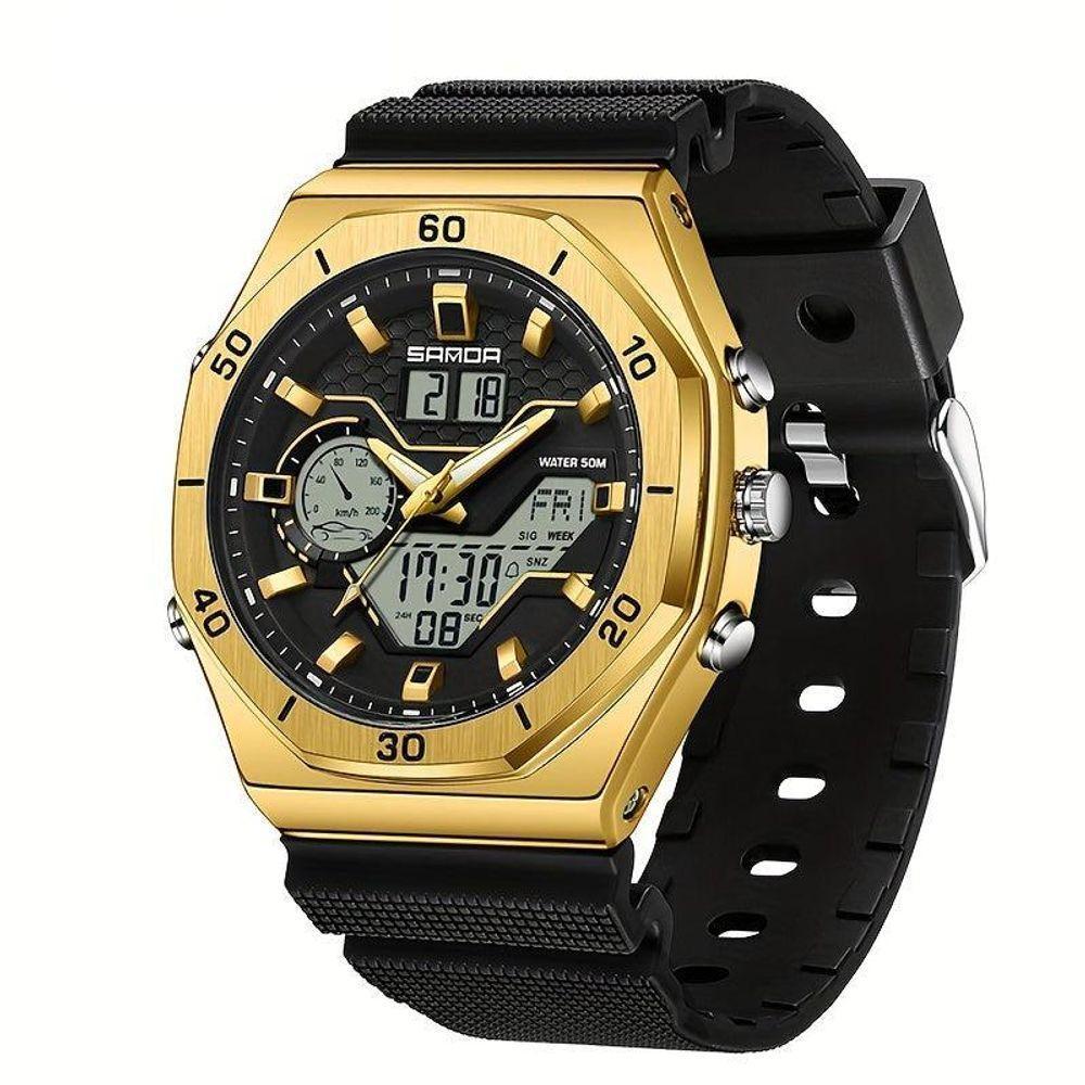 Relógio Esportivo Com Dupla Exibição, Cronômetro & Alarme, à Prova D'água 5atm Preto Dourado - 1