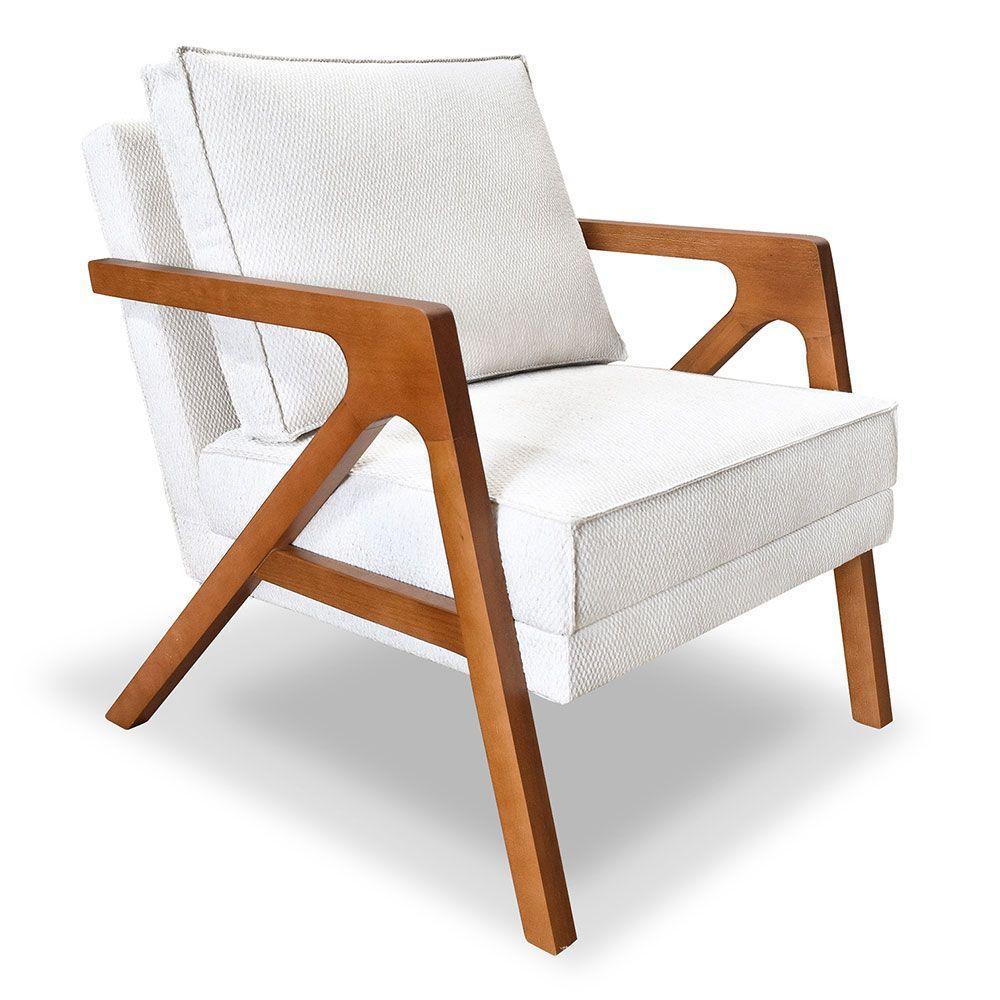 Poltrona Decorativa Luiza Linho Bouclê Off White Base Em Madeira Castanho - Pallazio - 1