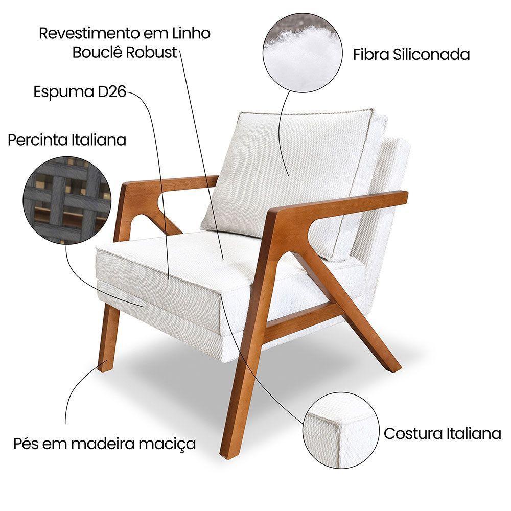Poltrona Decorativa Luiza Linho Bouclê Off White Base Em Madeira Castanho - Pallazio - 2