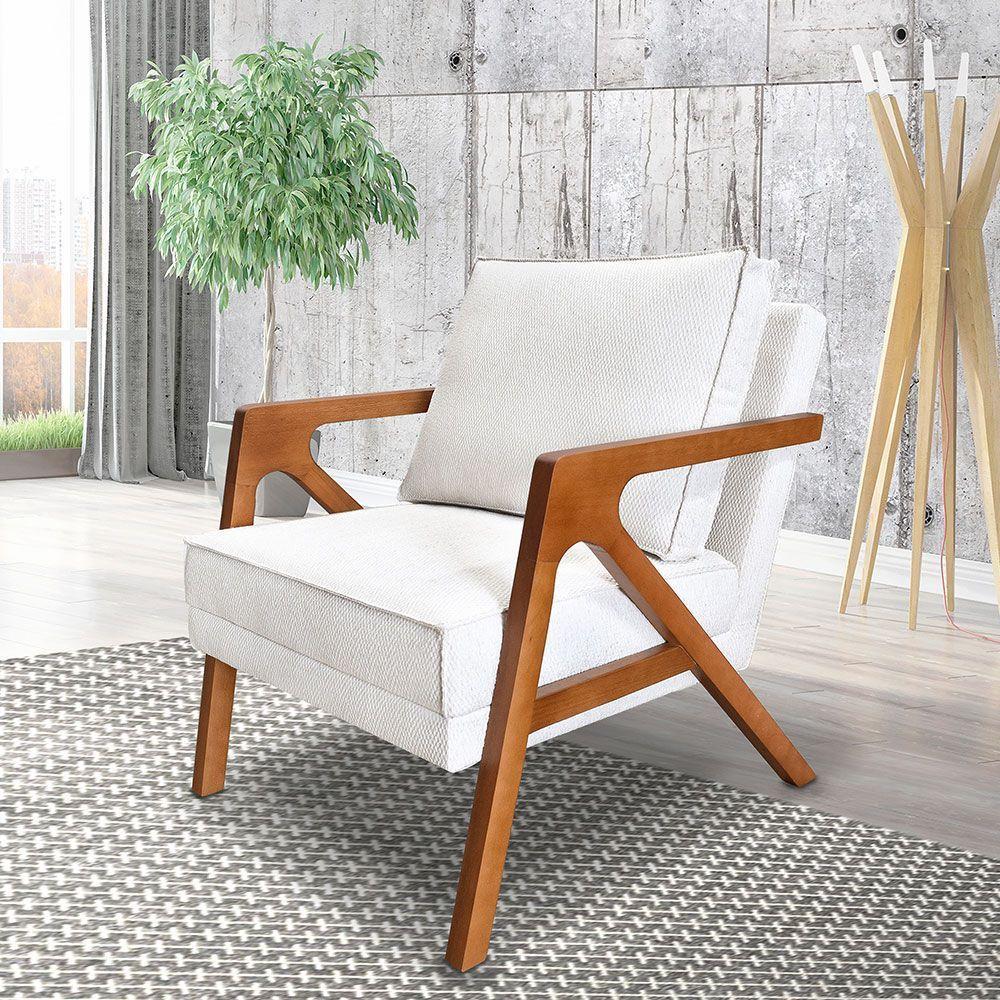 Poltrona Decorativa Luiza Linho Bouclê Off White Base Em Madeira Castanho - Pallazio - 6