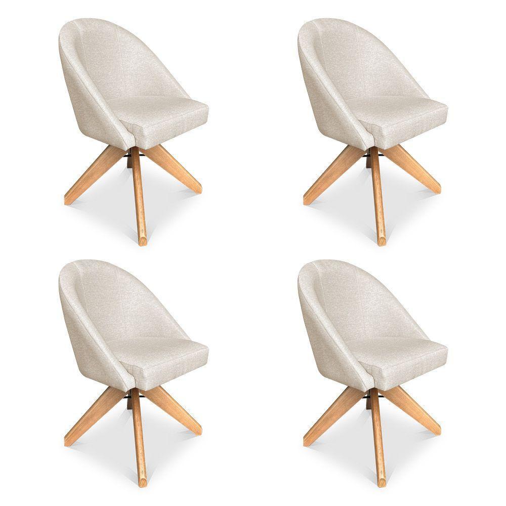 Kit 04 Poltronas Cadeira Giratória Bela Linho Bege Base De Madeira - Pallazio - 1