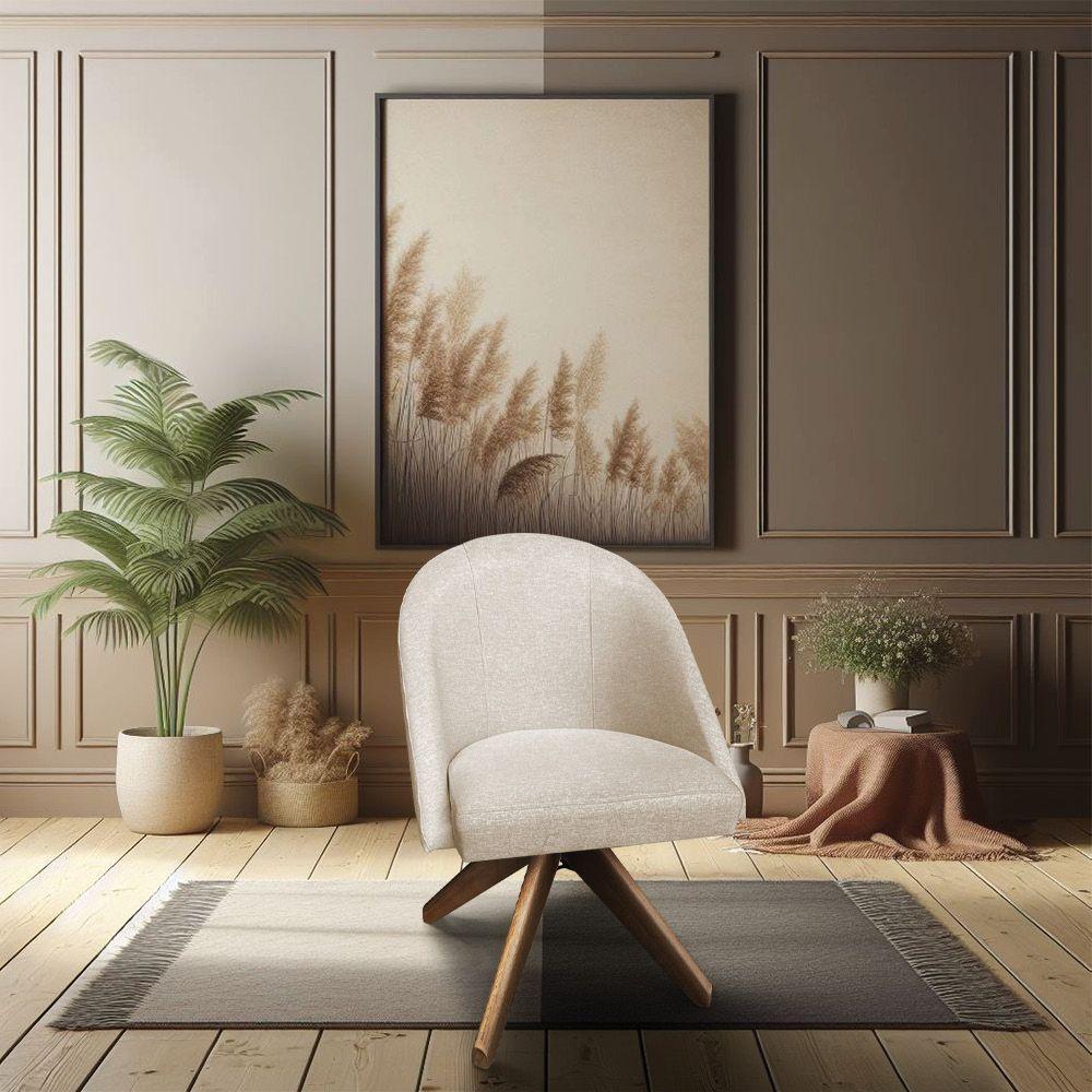 Kit 04 Poltronas Cadeira Giratória Bela Linho Bege Base De Madeira - Pallazio - 6