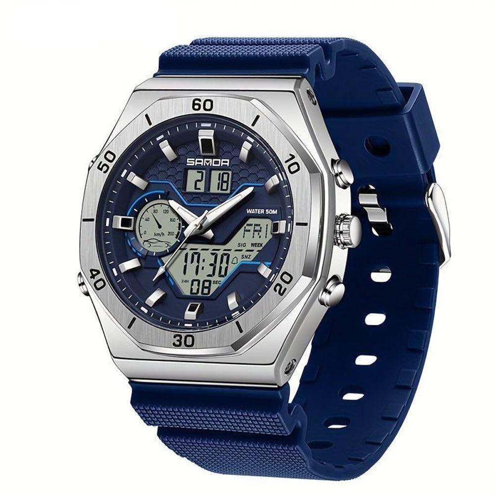 Relógio Esportivo Com Dupla Exibição, Cronômetro & Alarme, à Prova D'água 5atm Azul - 1