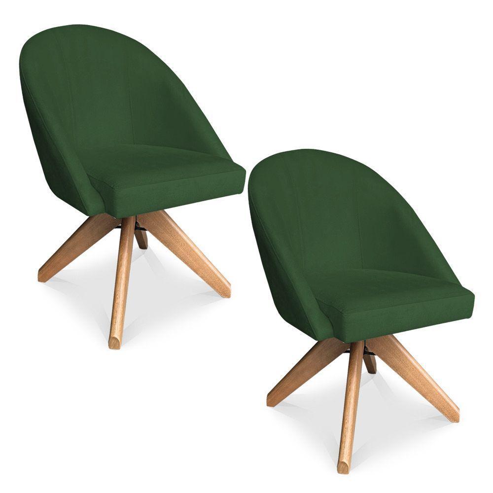 Kit 02 Poltronas Cadeira Giratória Bela Suede Verde Base De Madeira - Pallazio - 1