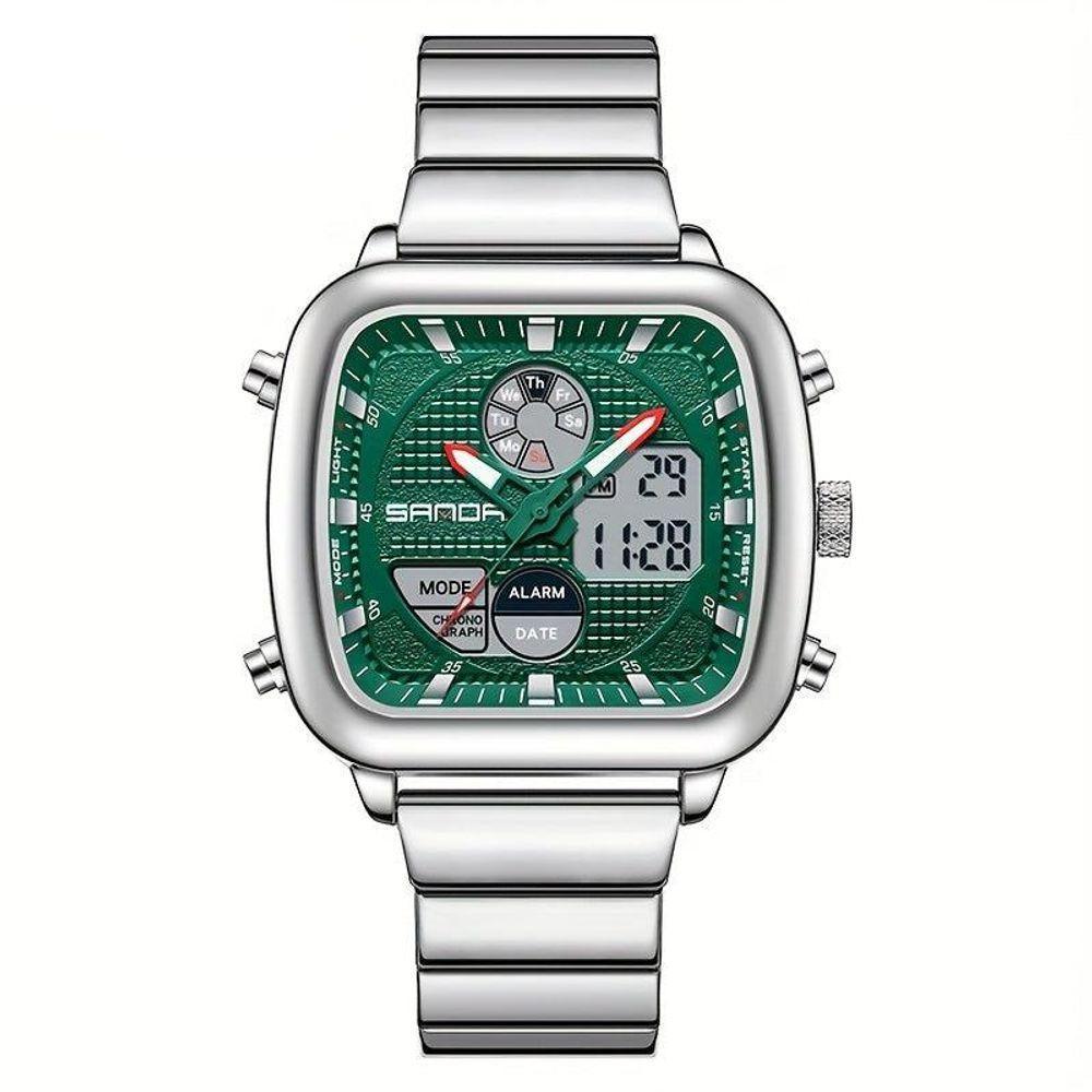 Relógio Esportivo De Movimento Duplo Sanda, à Prova D'água E Com Luz Noturna Prata Verde - 1