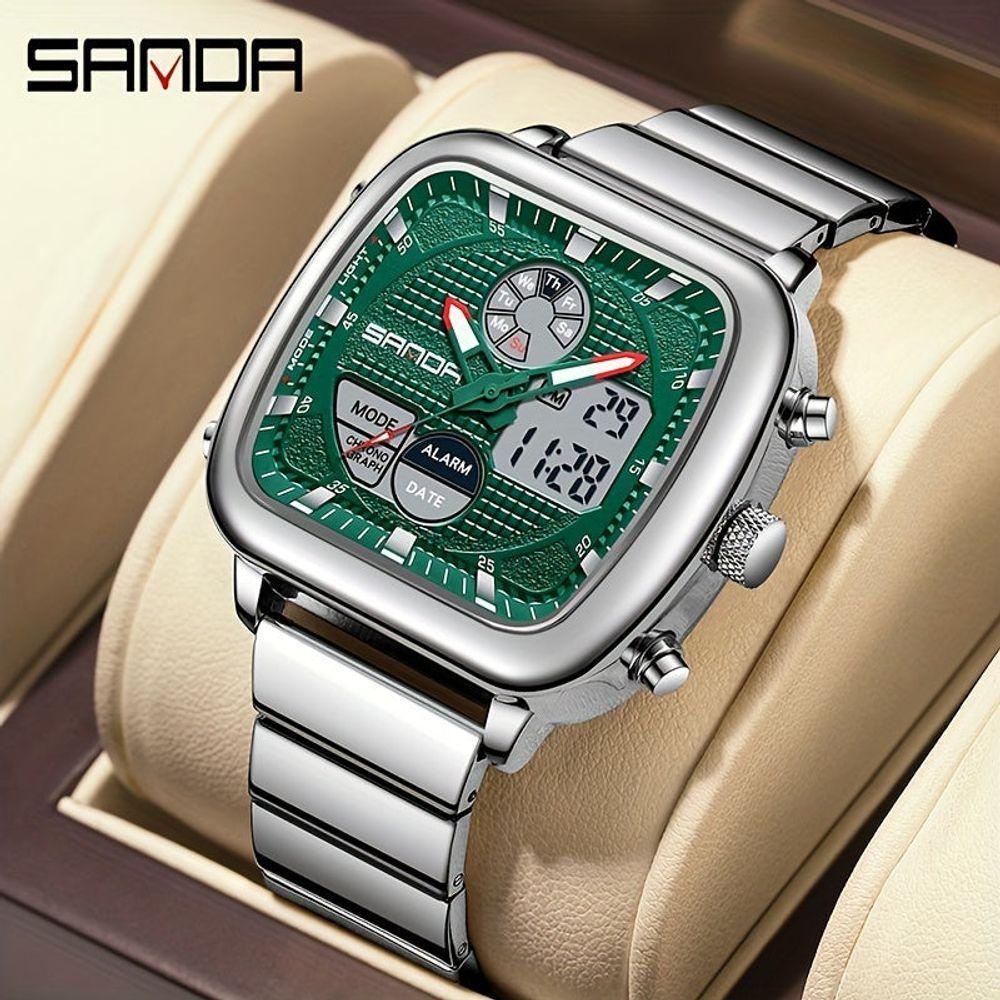 Relógio Esportivo De Movimento Duplo Sanda, à Prova D'água E Com Luz Noturna Prata Verde - 2