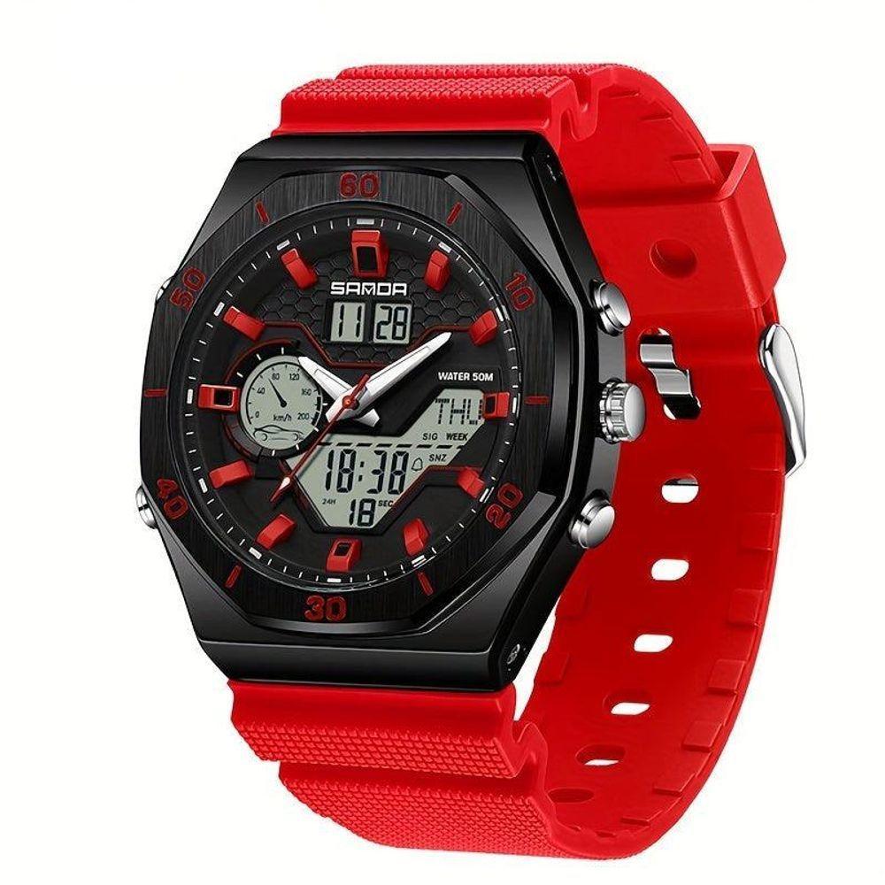Relógio Esportivo Com Dupla Exibição, Cronômetro & Alarme, à Prova D'água 5atm Preto Vermelho - 1