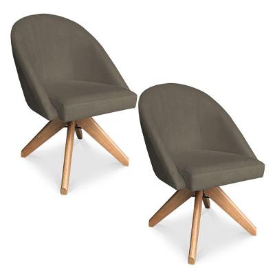 Kit 02 Poltronas Cadeira Giratória Bela Suede Marrom Rato Base De Madeira - Pallazio