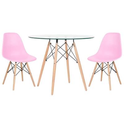 Mesa Redonda Eames Com Tampo De Vidro 90 Cm + 2 Cadeiras Eiffel Dsw Rosa Claro