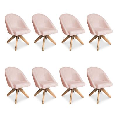 Kit 08 Poltronas Cadeira Giratória Bela Suede Rosa Bebê Base De Madeira - Pallazio