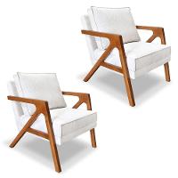 Kit 2 Poltronas Decorativa Luiza Linho Bouclê Off White Base Em Madeira Castanho - Pallazio - 1