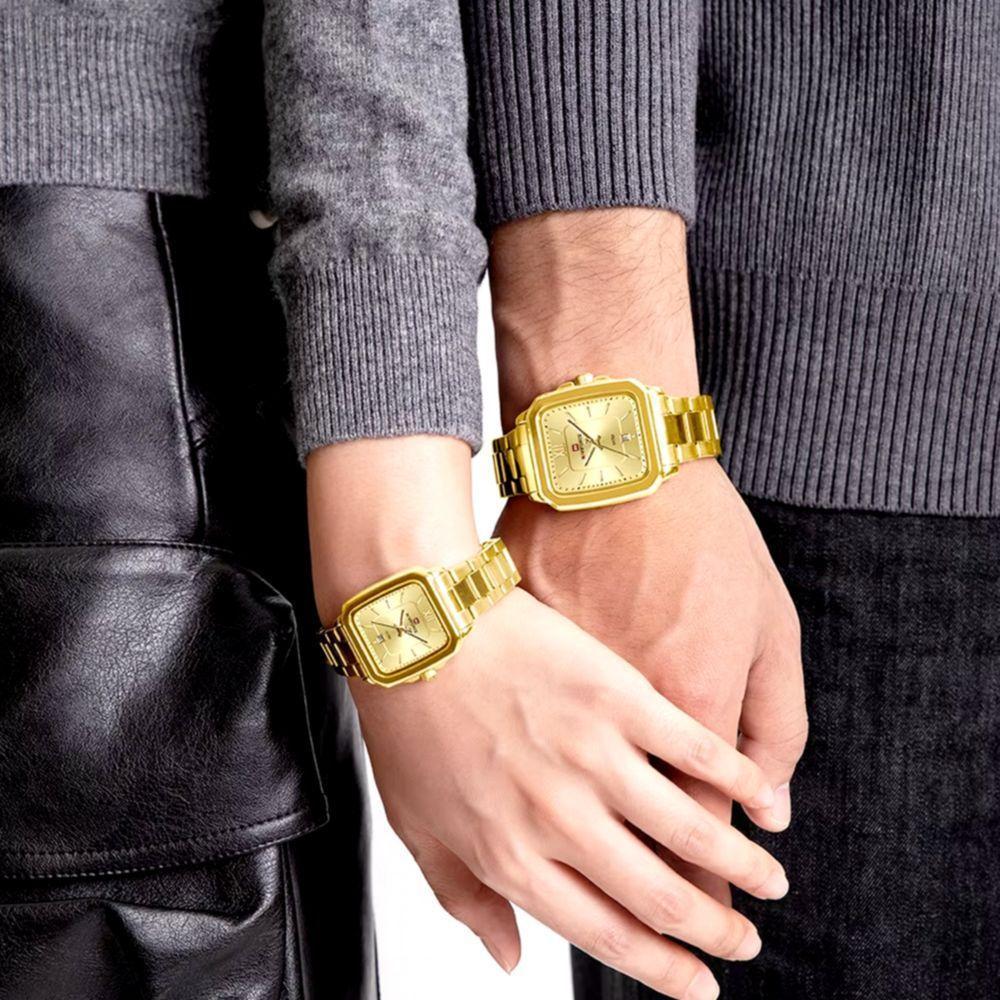 Conjunto De Relógio Casual Simples Quartzo Design Tonneau Impermeavel Casal Dourado - 2