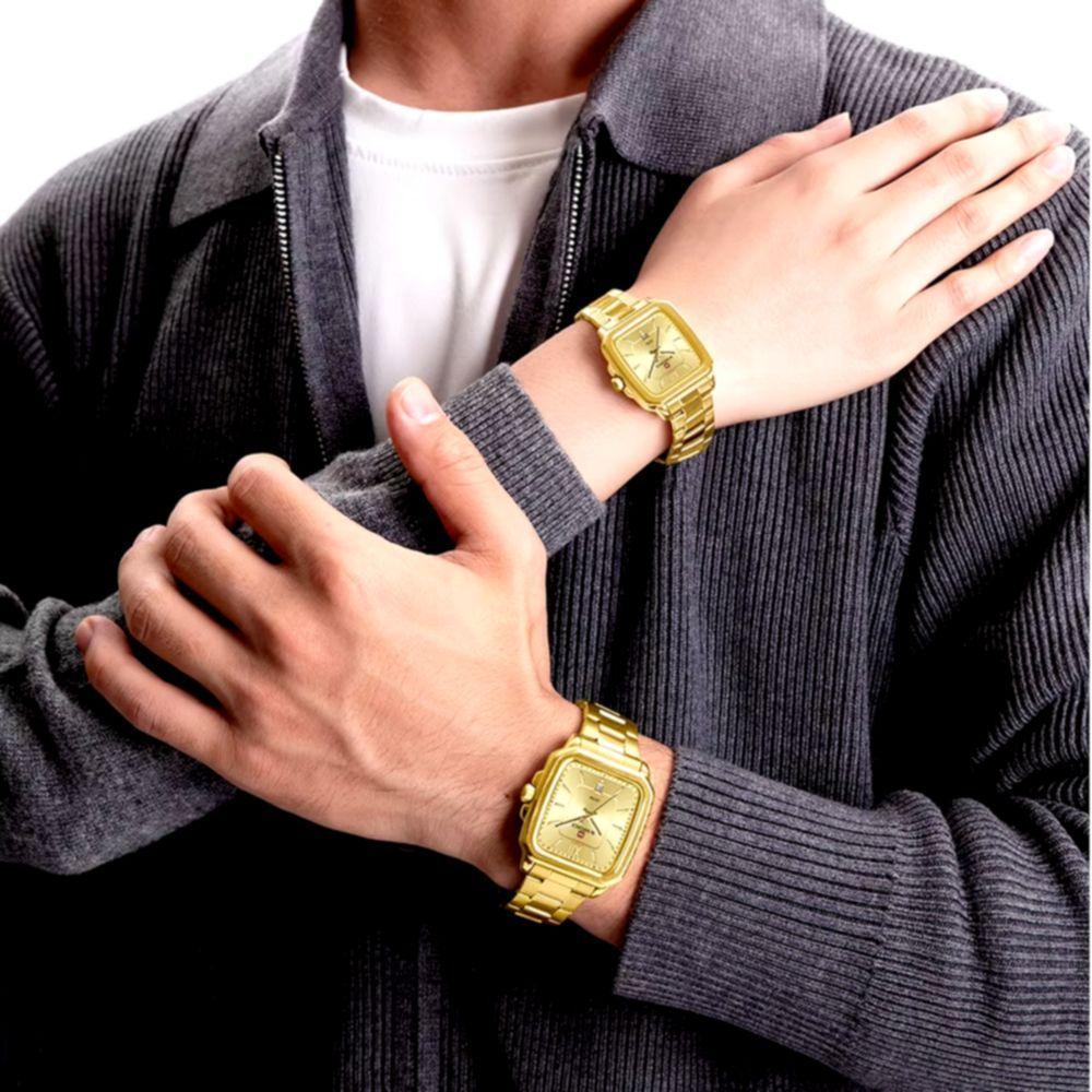 Conjunto De Relógio Casual Simples Quartzo Design Tonneau Impermeavel Casal Dourado - 3