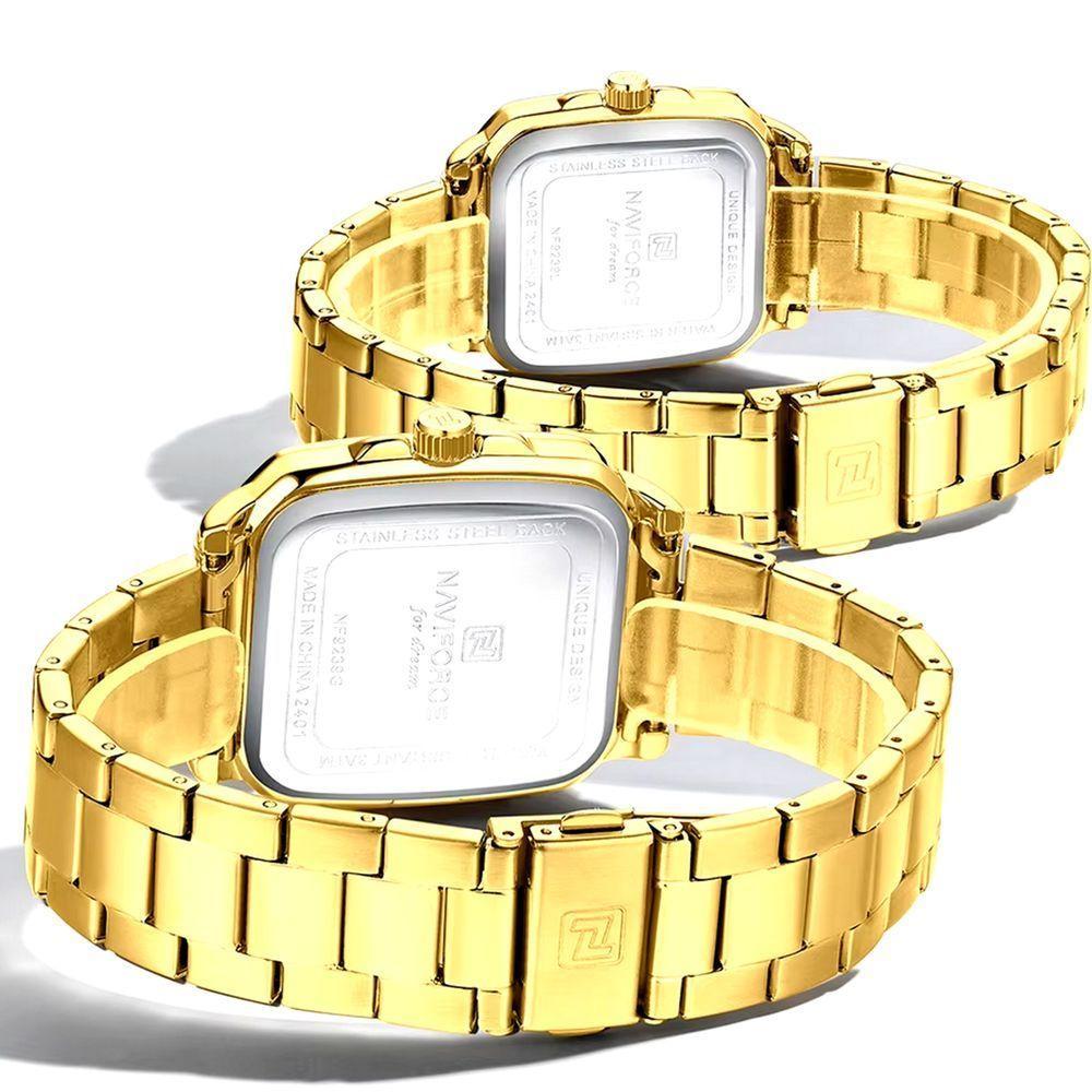 Conjunto De Relógio Casual Simples Quartzo Design Tonneau Impermeavel Casal Dourado - 4