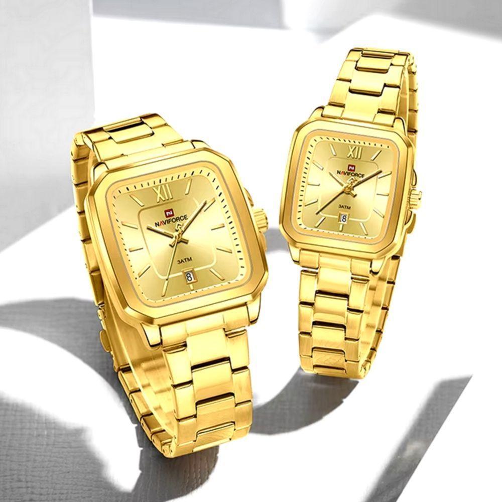 Conjunto De Relógio Casual Simples Quartzo Design Tonneau Impermeavel Casal Dourado - 5