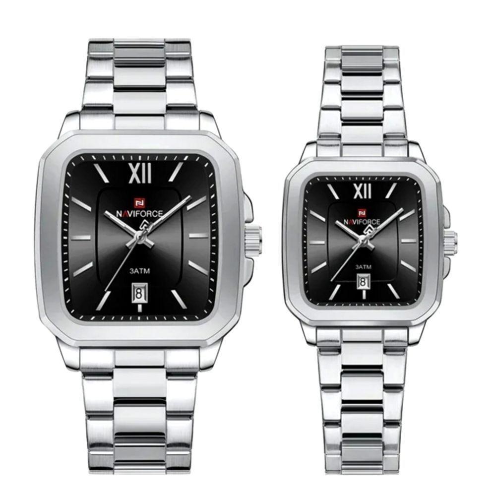 Conjunto De Relógio Casual Simples Quartzo Design Tonneau Impermeavel Casal Preto - 1