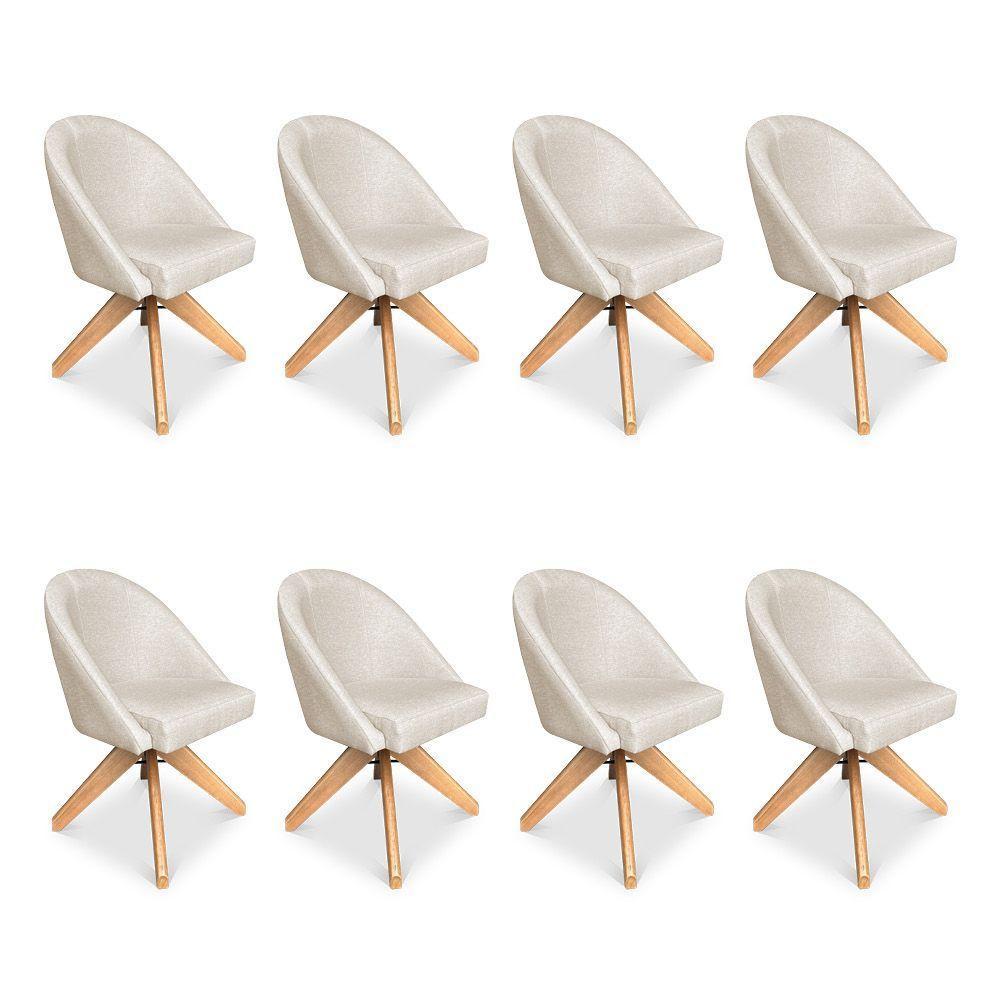 Kit 08 Poltronas Cadeira Giratória Bela Linho Bege Base De Madeira - Pallazio - 1