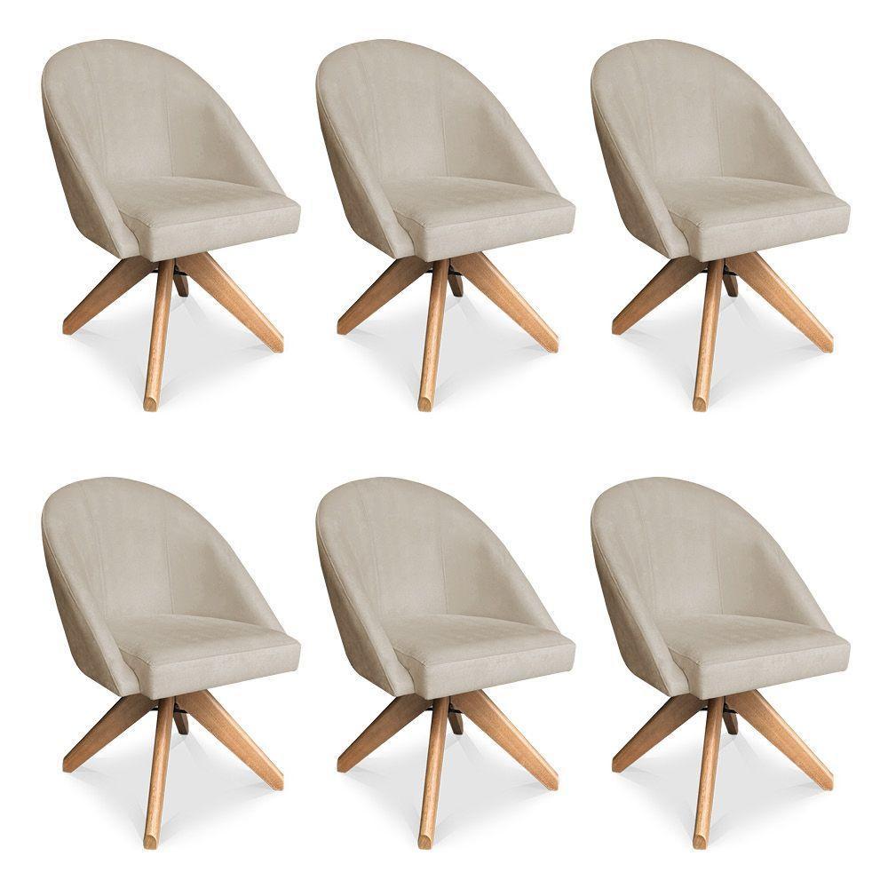 Kit 06 Poltronas Cadeira Giratória Bela Suede Bege Base De Madeira - Pallazio - 1