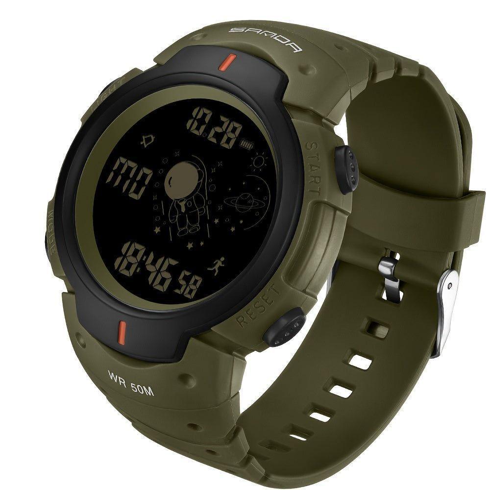 Relógio De Pulso Digital Esportivo Com Cronógrafo, Caixa Redonda, Display Digital Verde Escuro - 1