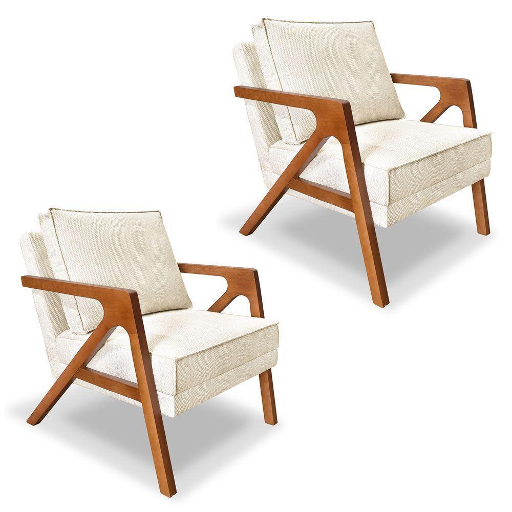 Kit 2 Poltronas Decorativa Luiza Linho Bouclê Bege Base Em Madeira Castanho - Pallazio - 1