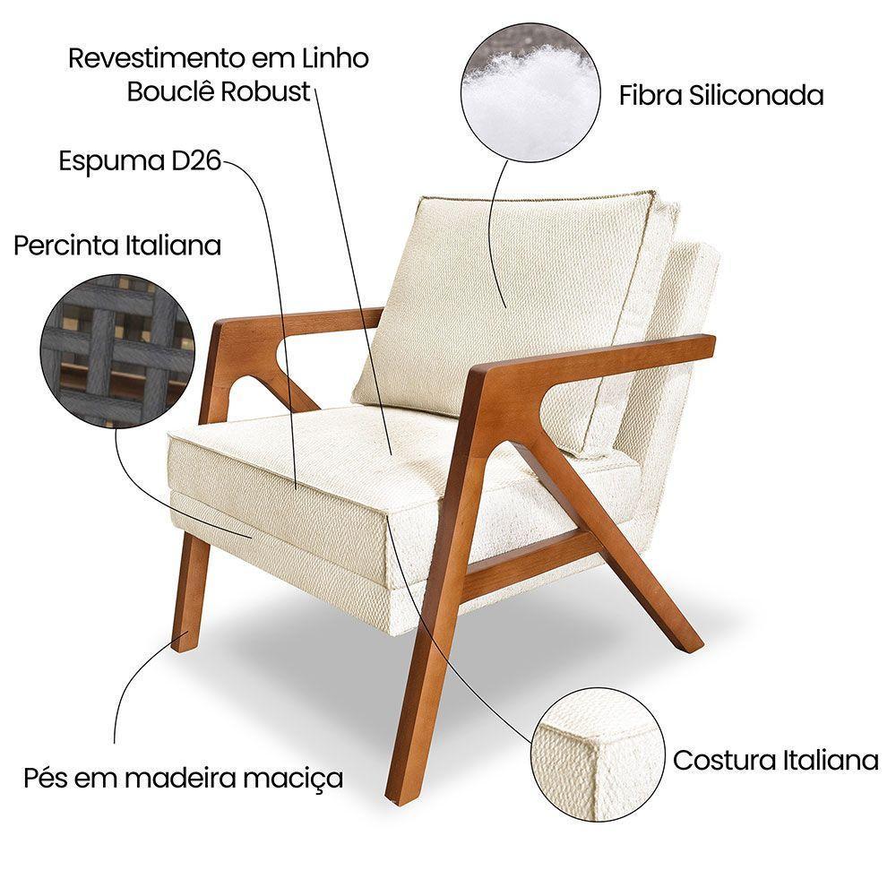Kit 2 Poltronas Decorativa Luiza Linho Bouclê Bege Base Em Madeira Castanho - Pallazio - 2