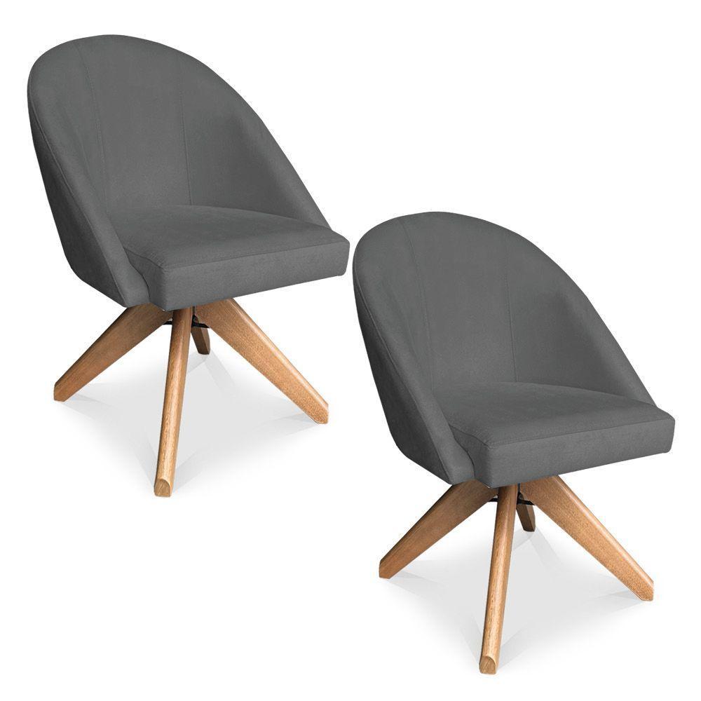 Kit 02 Poltronas Cadeira Giratória Bela Suede Grafite Base De Madeira - Pallazio - 1