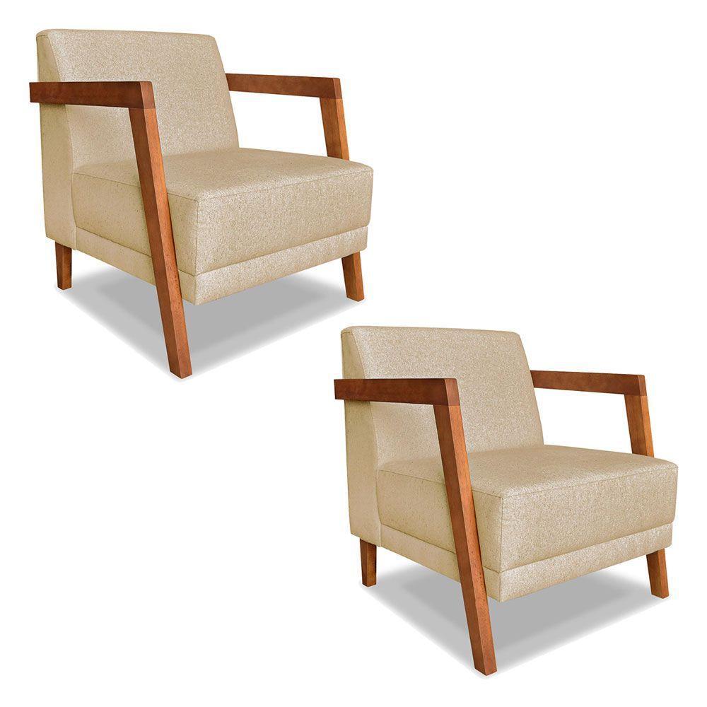 Kit 02 Poltronas Decorativa Natália Linho Dourado Base Em Madeira Castanho - Pallazio - 1