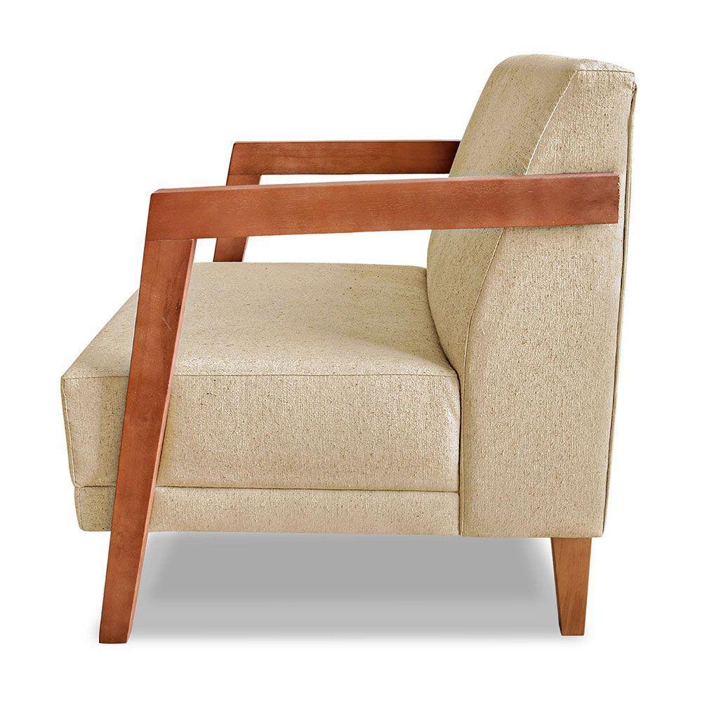 Kit 02 Poltronas Decorativa Natália Linho Dourado Base Em Madeira Castanho - Pallazio - 4