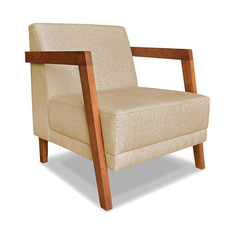 Kit 02 Poltronas Decorativa Natália Linho Dourado Base Em Madeira Castanho - Pallazio - 6