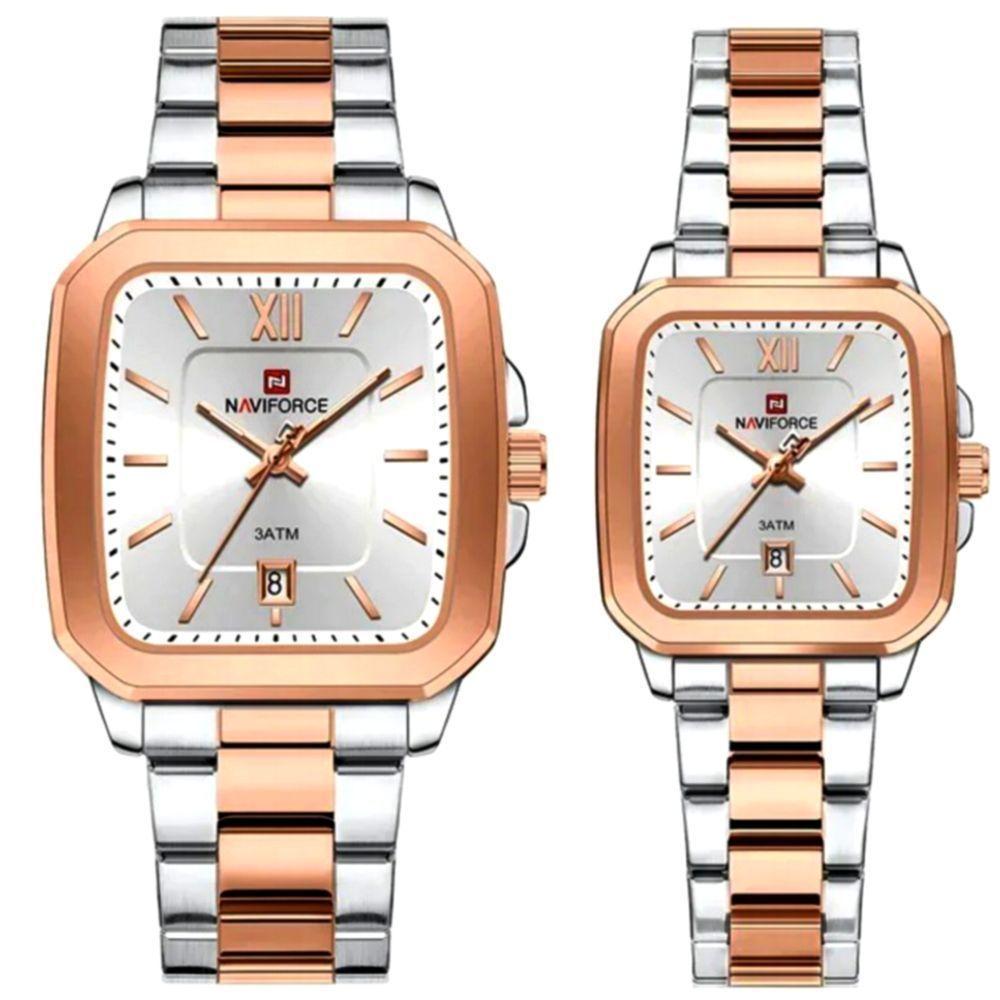 Conjunto De Relógio Casual Simples Quartzo Design Tonneau Impermeavel Casal Prata Rose - 1