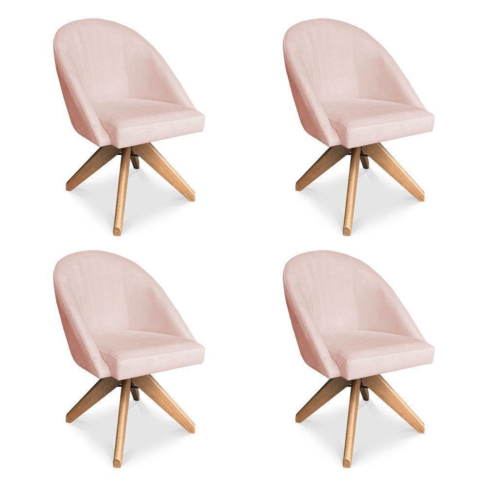 Kit 04 Poltronas Cadeira Giratória Bela Suede Rosa Bebê Base De Madeira - Pallazio - 1