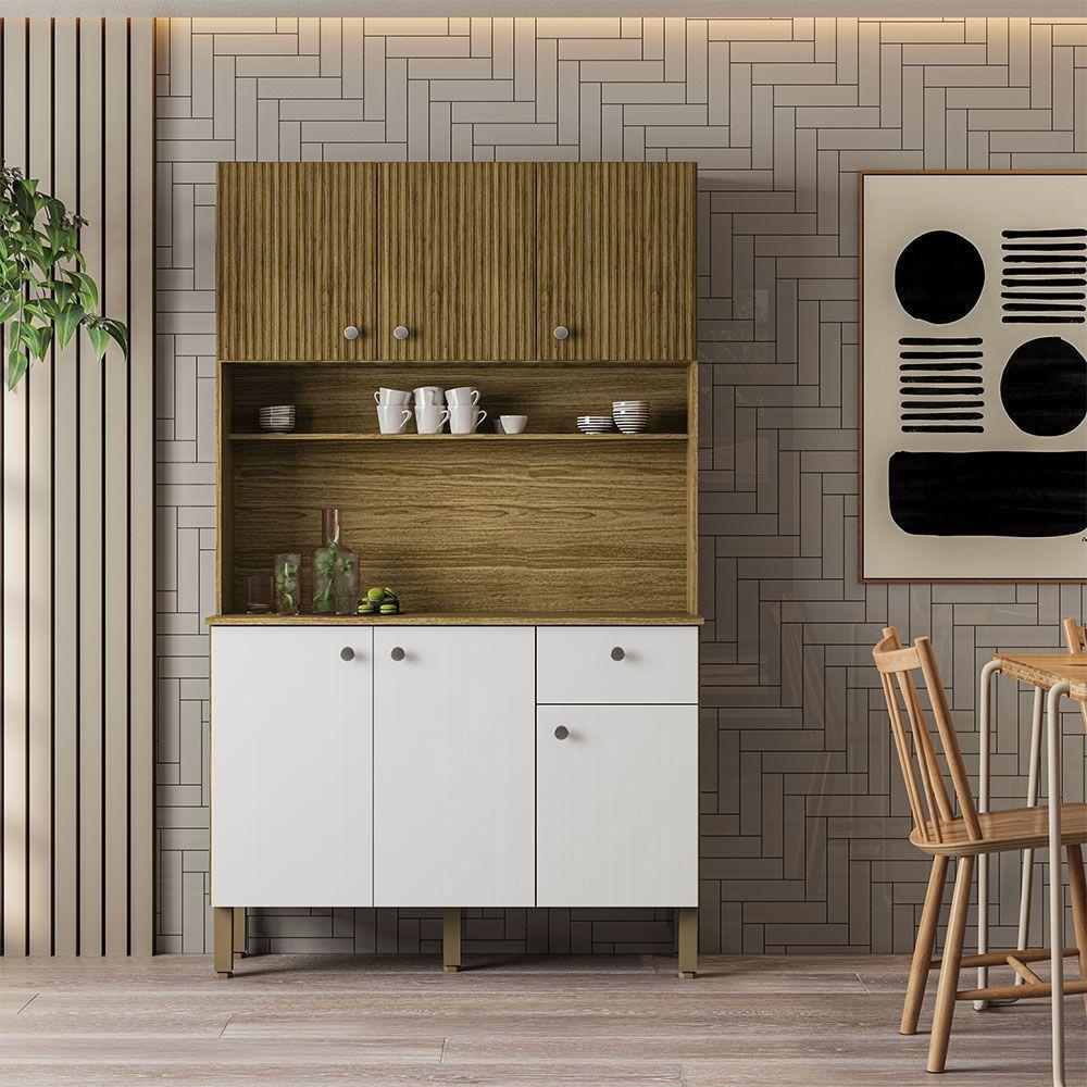 Armário De Cozinha Compacta 6 Portas E 1 Gaveta 111cm Veneza Ripado Freijó-supremo - Pallazio - 3