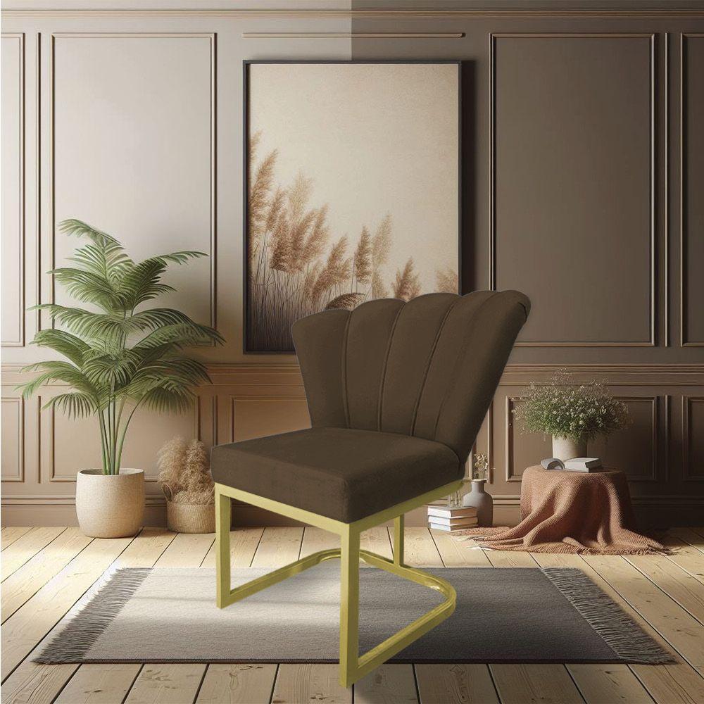 Kit 02 Poltronas Flor Veludo Marrom Base Metálica Industrial Dourado - Pallazio - 6