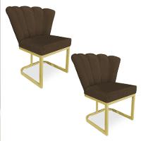 Kit 02 Poltronas Flor Veludo Marrom Base Metálica Industrial Dourado - Pallazio - 1