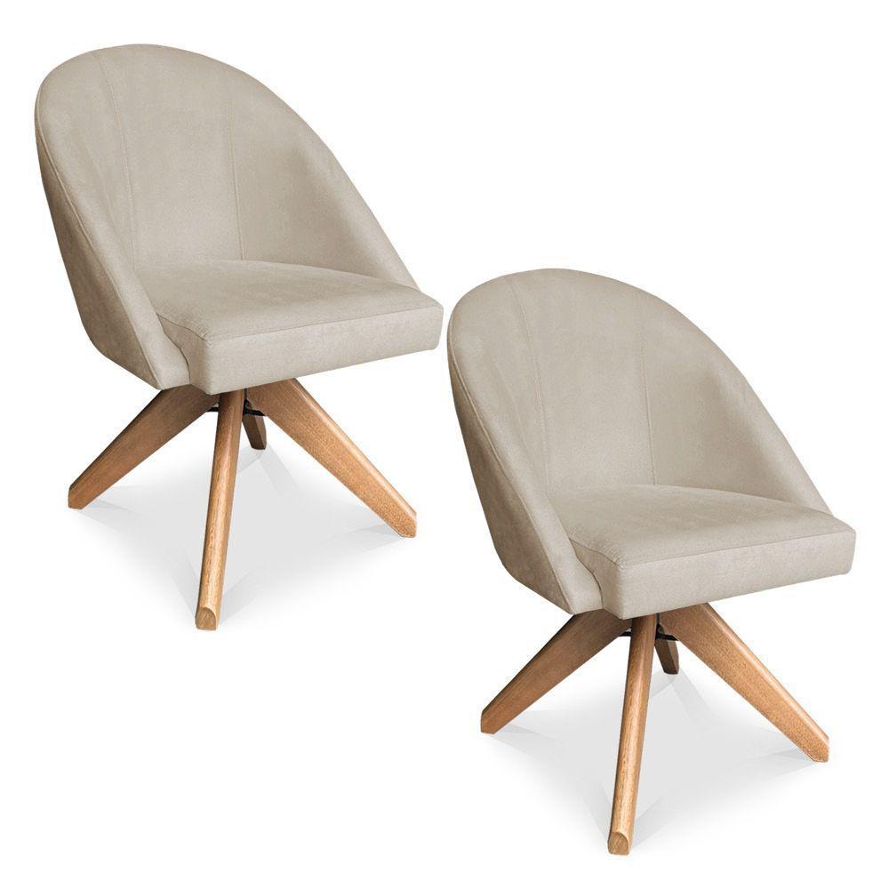 Kit 02 Poltronas Cadeira Giratória Bela Suede Bege Base De Madeira - Pallazio - 1