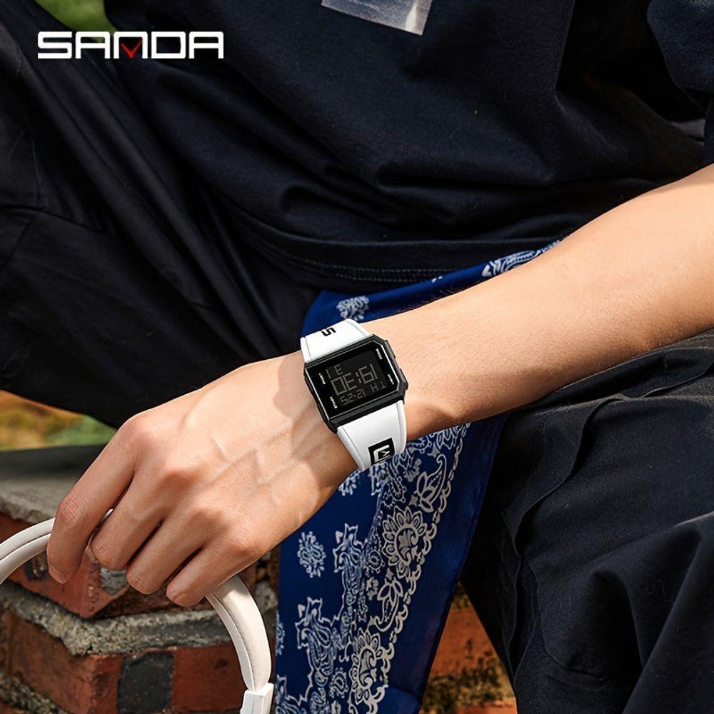 Relógio Esportivo Quadrado Clássico, Despertador Multifuncional, Cronômetro Branco - 2