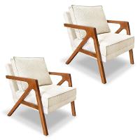 Kit 2 Poltronas Decorativa Luiza Linho Bouclê Base Em Madeira Castanho - Pallazio Bege - 1