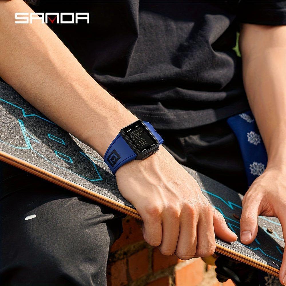 Relógio Esportivo Quadrado Clássico, Despertador Multifuncional, Cronômetro Azul - 2