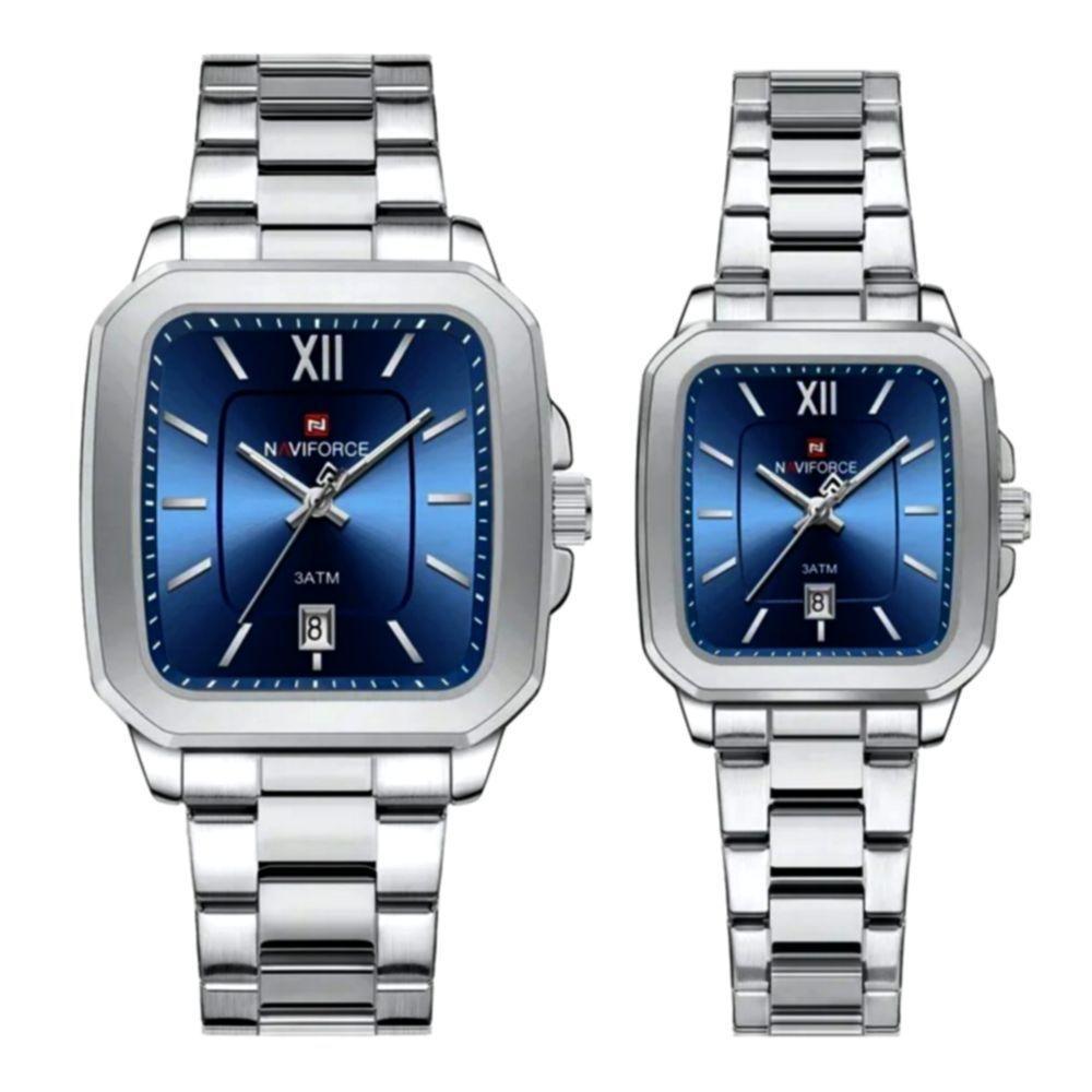 Conjunto De Relógio Casual Simples Quartzo Design Tonneau Impermeavel Casal Azul - 1