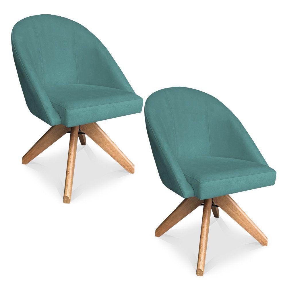 Kit 02 Poltronas Cadeira Giratória Bela Suede Azul Turquesa Base De Madeira - Pallazio - 1