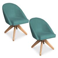 Kit 02 Poltronas Cadeira Giratória Bela Suede Azul Turquesa Base De Madeira - Pallazio - 1