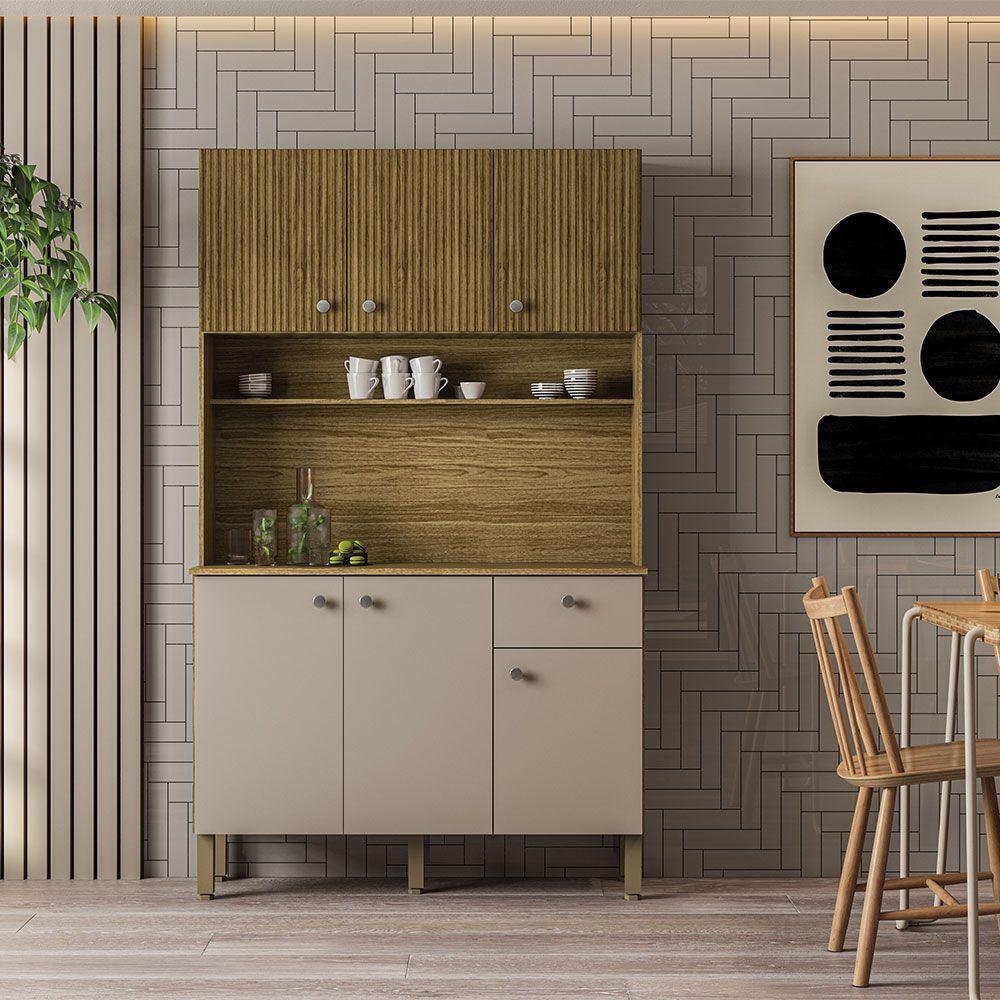 Armário De Cozinha Compacta 6 Portas E 1 Gaveta 111cm Veneza Ripado Freijó-vanilla - Pallazio - 2