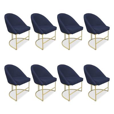 Kit 08 Cadeiras Poltrona De Jantar Bela Suede Azul Marinho Base Metálica Industrial Dourado