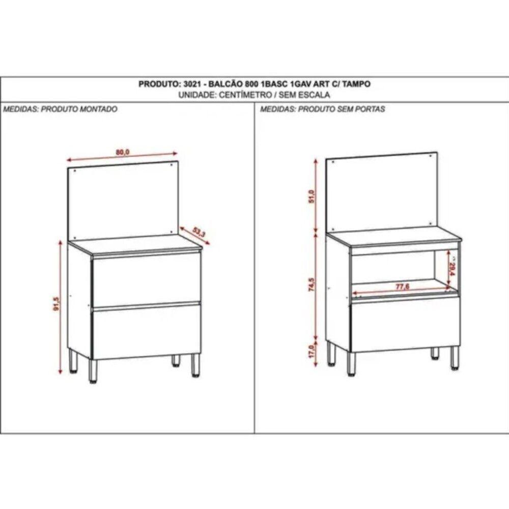Balcão 80cm Art 1 Porta 1 Gaveta Com Tampo E Painel 3021 Branco E ártico - 4